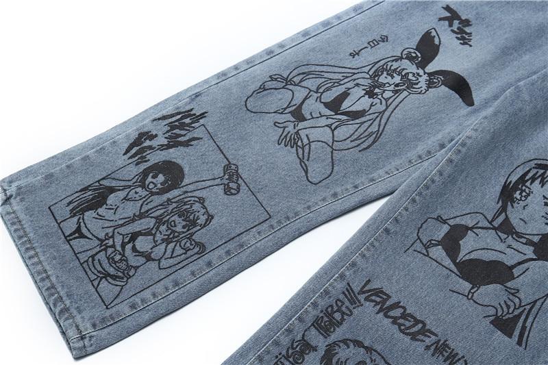 Girls Anime Print Preppy Straight-leg Jeans - Temu